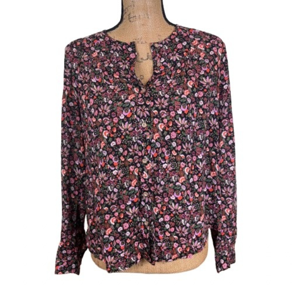Maeve Anthropologie Dark Floral Button Up Blouse Black Pink Feminine Size XS
